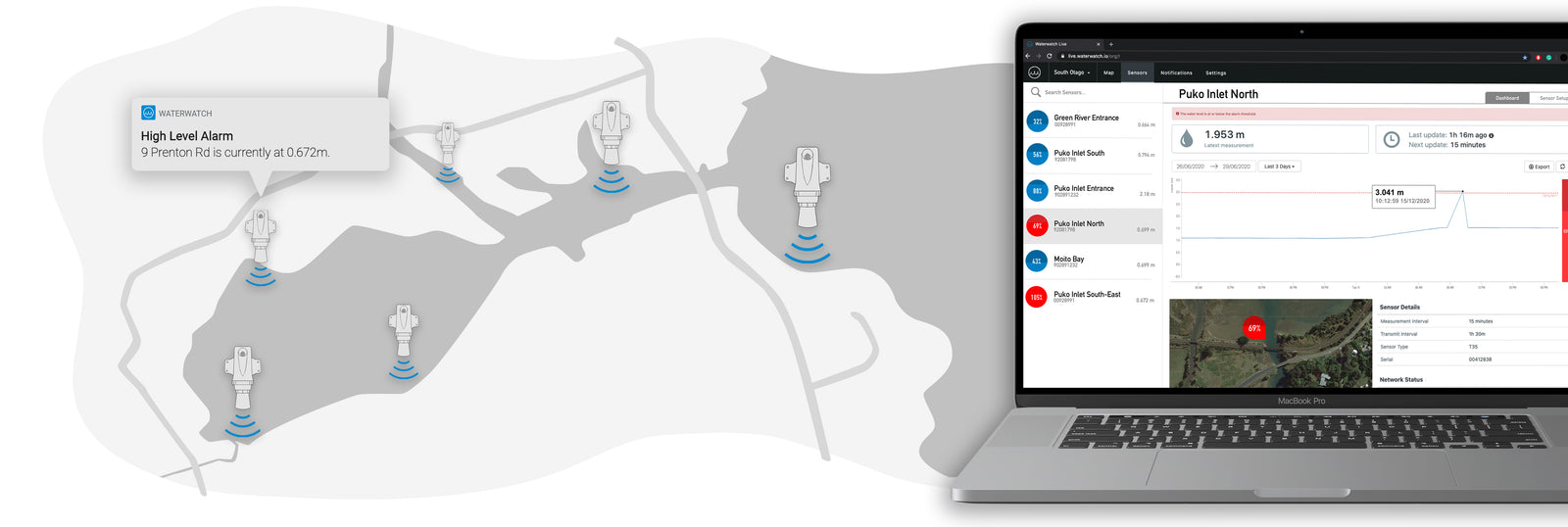The web app shows water levels from many places along the coast line