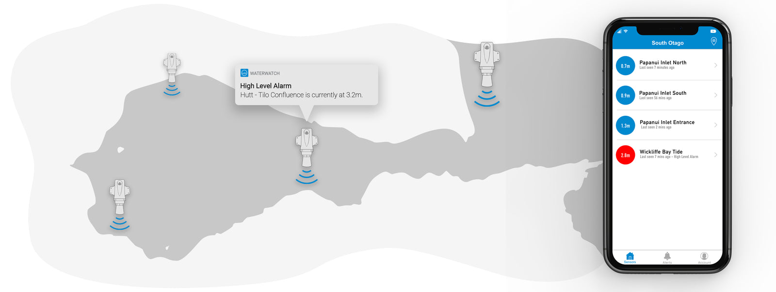 Phone app shows water levels of many places along a coast line