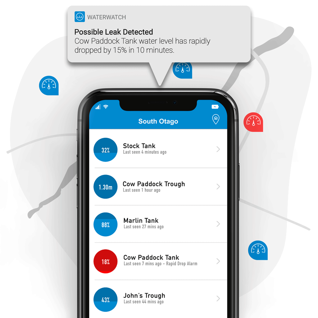 A small leak in a water scheme can be quickly identified in the app